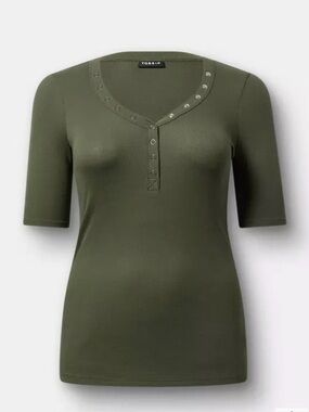 torrid Olive Snap Henley Ribbed Short Sleeve Top